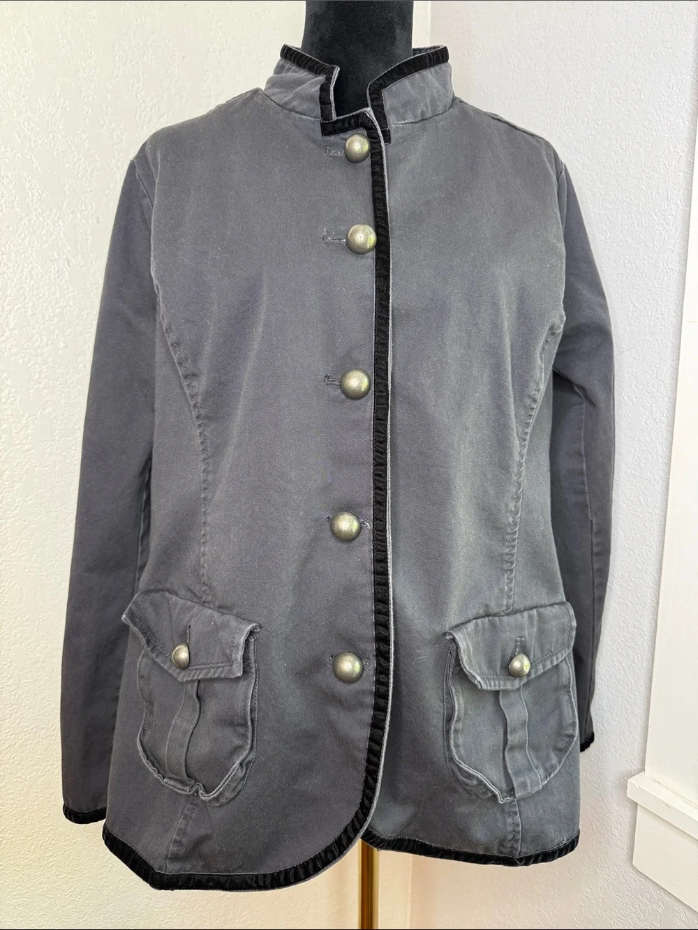 Calvin Klein Jeans Gray Cotton Military Denim Jacket Black Velvet Trim Size 1X